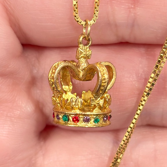 Jewelry - Vintage 9K Crown Pendant, 3D Monarch Regal, Colorful Charm, British